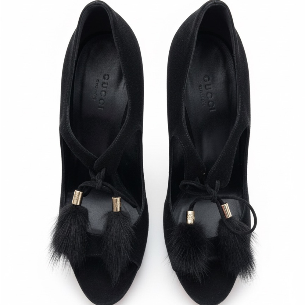 Gucci Tom Ford Era Black Suede Peep Toe Pumps with Real Fur Pom-Pom- 7.5